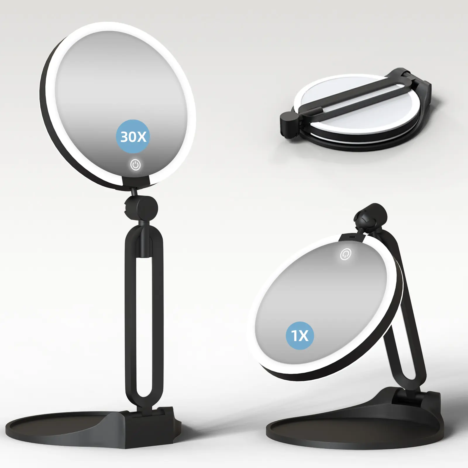 Lighted Portable Plastic Travel Double-Sided Foldable Makeup Mirror - 1X-30X HD Magnification, Adjustable LED Light, Rechargeable, Creative Gift Box for Girlfriend, Ideal for Christmas, Birthday, Halloween, Magnified View, Bathroom On The Go, Bedroom, Ver