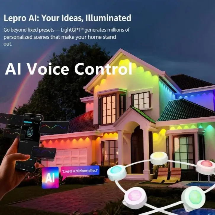 LEPRO AI Permanent Outdoor RGBICW LED Strip Lights E1-60, 100ft 60 Triple-LED Smart Lights with Warm/Cool White, Waterproof Themes, APP Control, Alexa & Google Enabled, Fairy Lights Outdoor, Dimmable Rgb Outdoor, Ambient Lighting Strip, Rgb Multi Color