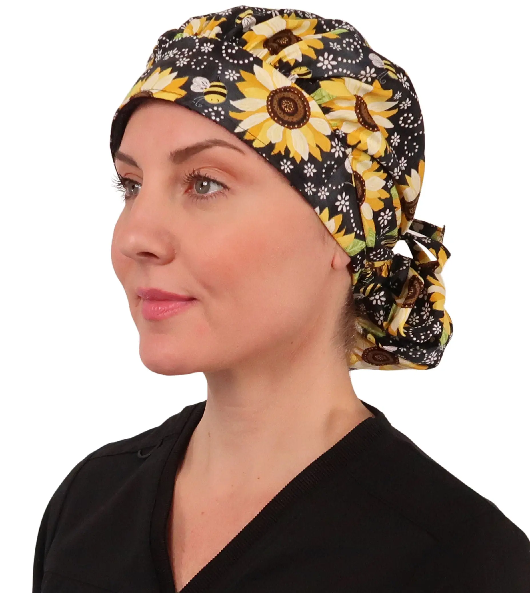 Banded Bouffant Ponytail Scrub Cap - BEEutiful Sunflowers