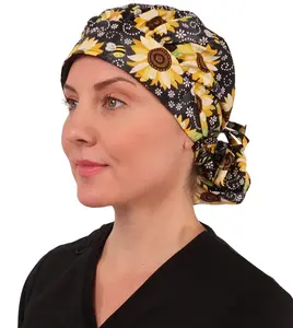 Banded Bouffant Ponytail Scrub Cap - BEEutiful Sunflowers
