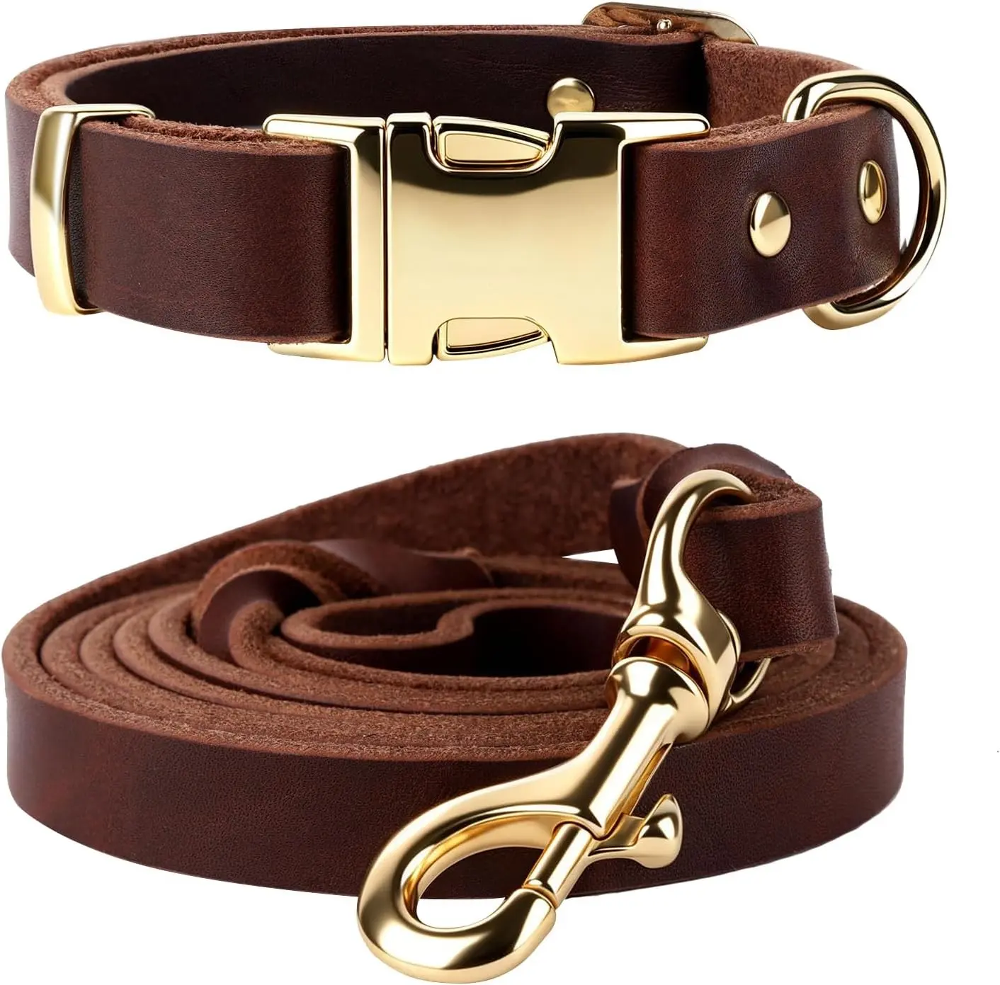 Leather Dog Collar and Leash Set Pack, 6FT Heavy-Duty Leather Training Leash with Adjustable Multi-Size Collar, Soft Durable for Small to Medium-Large Dogs (Brown, M)