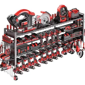 49.8" W Super Large Power Tool Organizer Wall Mount,4-Layer Heavy Duty Tool Storage with 18 Cordless Drill Holder,600 lb Capacity Garage Organization for Garage and Workshop (Black)