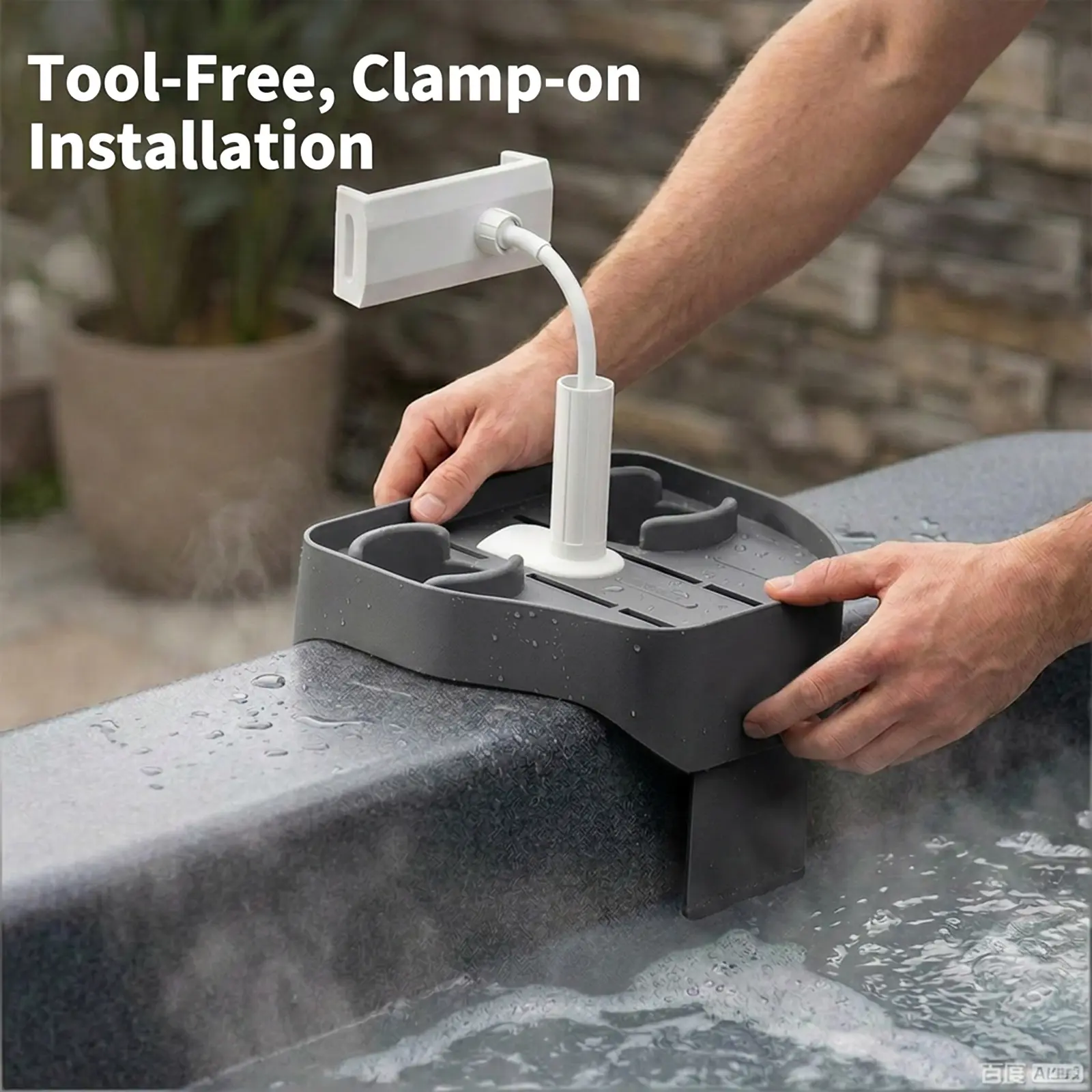 Adjustable Phone Holder Hot Tub Tray – Waterproof Spa Side Caddy Organizer – Non-Slip Poolside Drink & Snack Holder with 2 Cup Holders – Durable Accessory for twist tub, Brown/Gray, Cinnamon-party gift