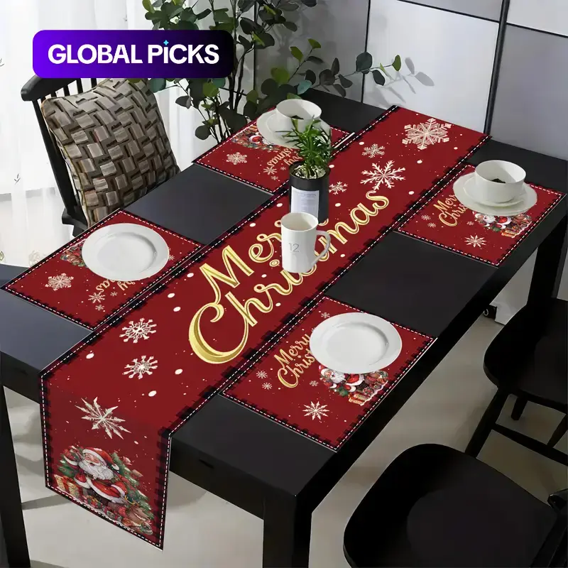 1/4/7-Piece Christmas Red Printed Linen Placemat and Table Runner Set, Festive Holiday Design for Family Gatherings, Weddings, Parties and BBQ, Indoor and Outdoor Dining Decoration Supplies #GLOBAL PICKS