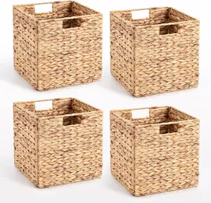 Natural Water Hyacinth Woven Square Storage Box - Hand-Woven Household Organizer with Built-In Handles, Foldable, Eco-Friendly, Strong Load-Bearing for French Country Home Use