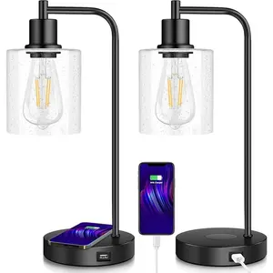 2Pcs Wireless Charging Industrial Table Lamp 3-Way Touch Control Dimmable Desk Lamp with USB Port Bedside Lamp with Hanging Seeded Glass Shade for Office Bedroom Living Room, Bulb Included