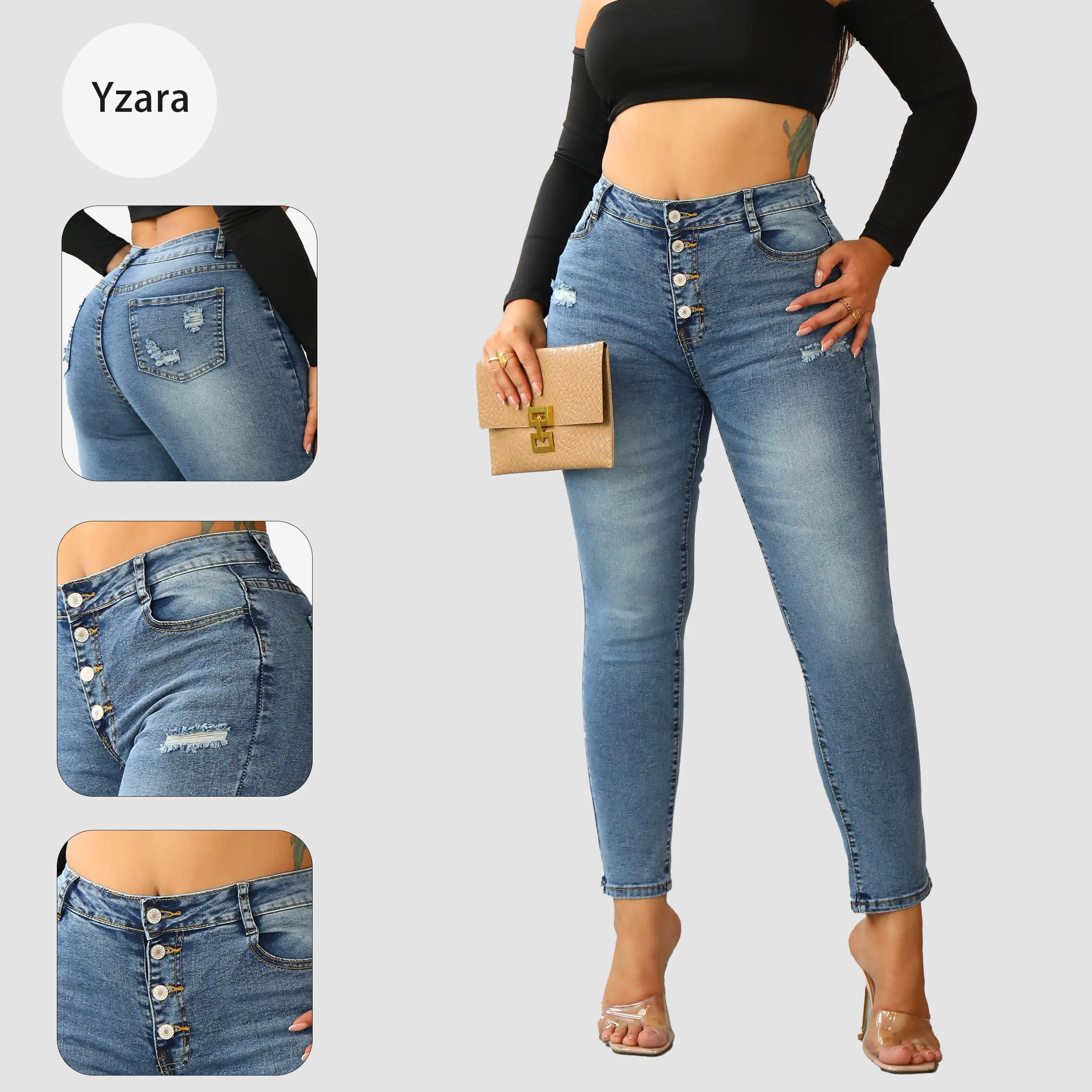 Women's Basic Minimalist Stretch Waist Cotton Skinny Jeans, Stretch Denim-Spandex-Polyester Fabric, Mid Waist, Button Closure, Pocket Design, Slim Fit, Comfortable Casual Bottoms, Ideal for Daily Wear, Stretch Waist Jeans