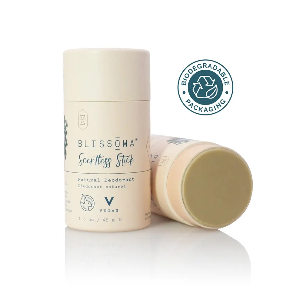 Blissoma Mini Scentless Stick Solid Natural Deodorant - strong baking soda formula for maximum odor protection with a soft texture and compostable packaging
