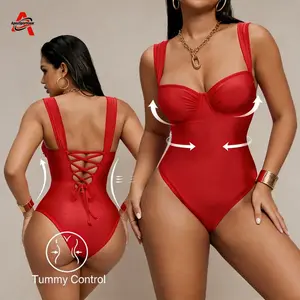 Women's Red Tummy Control One Piece Swimsuit | 2026 Trending Lace-Up Back Bathing Suit | Push Up Bust Support, High Cut Cheeky Fit | Stretch Fabric, Quick Dry | Perfect for Beach, Pool Party, Vacation & Date Night tie bikini Classic Color Bikini Set