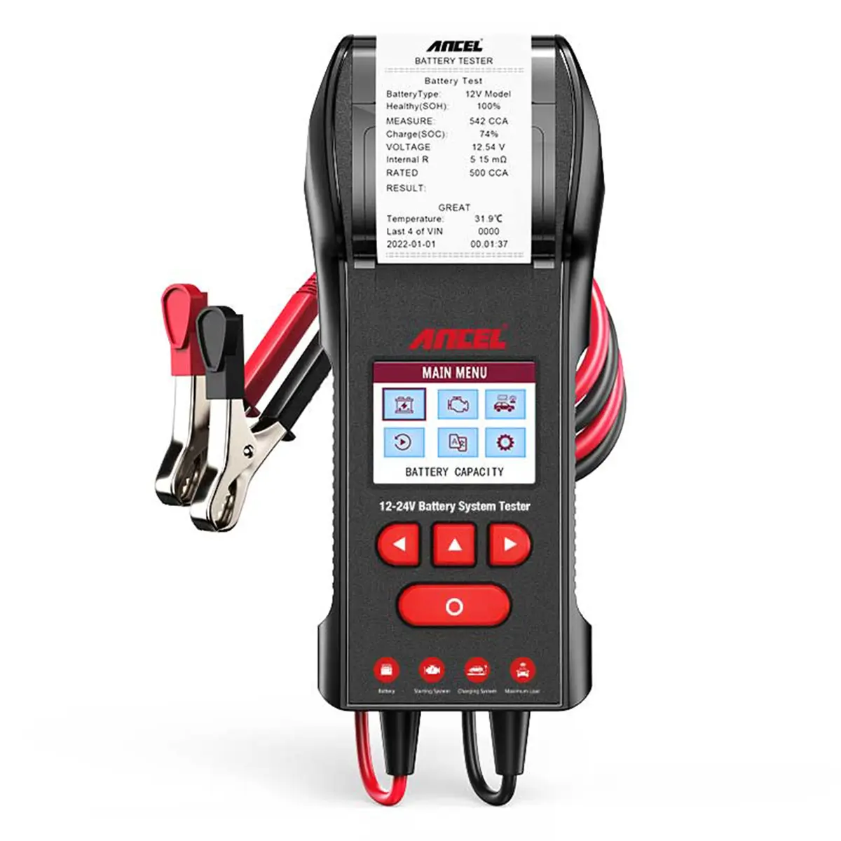 ANCEL BST600 12V/24V Car Battery Tester with Printer - 100-2000 CCA Diagnostic Tool for Alternator, Voltage, Cranking/Charging System Checks on Trucks, Motorcycles, Golf Carts
