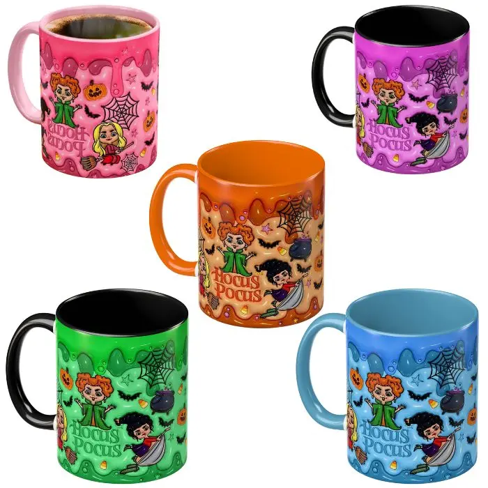 Cute Witch Sisters Halloween Accent Mug, Spooky Season Halloween Design Colorful Pumpkins And Bats Pattern Cups