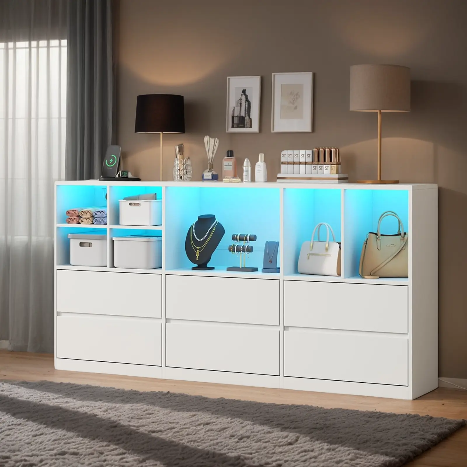 Loomie Dresser for Bedroom with 6 Drawers, Chest of Drawers with Led Lights and Charging Station, Storage Drawers with 7 Open Cubbies cicada  drawer nursery  dresser