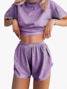 Women's Fall Season Knitted Striped Pajamas, Loose Fit Short Sleeves & Shorts Set, Casual Comfortable Sleepwear Loungewear for Daily Wear