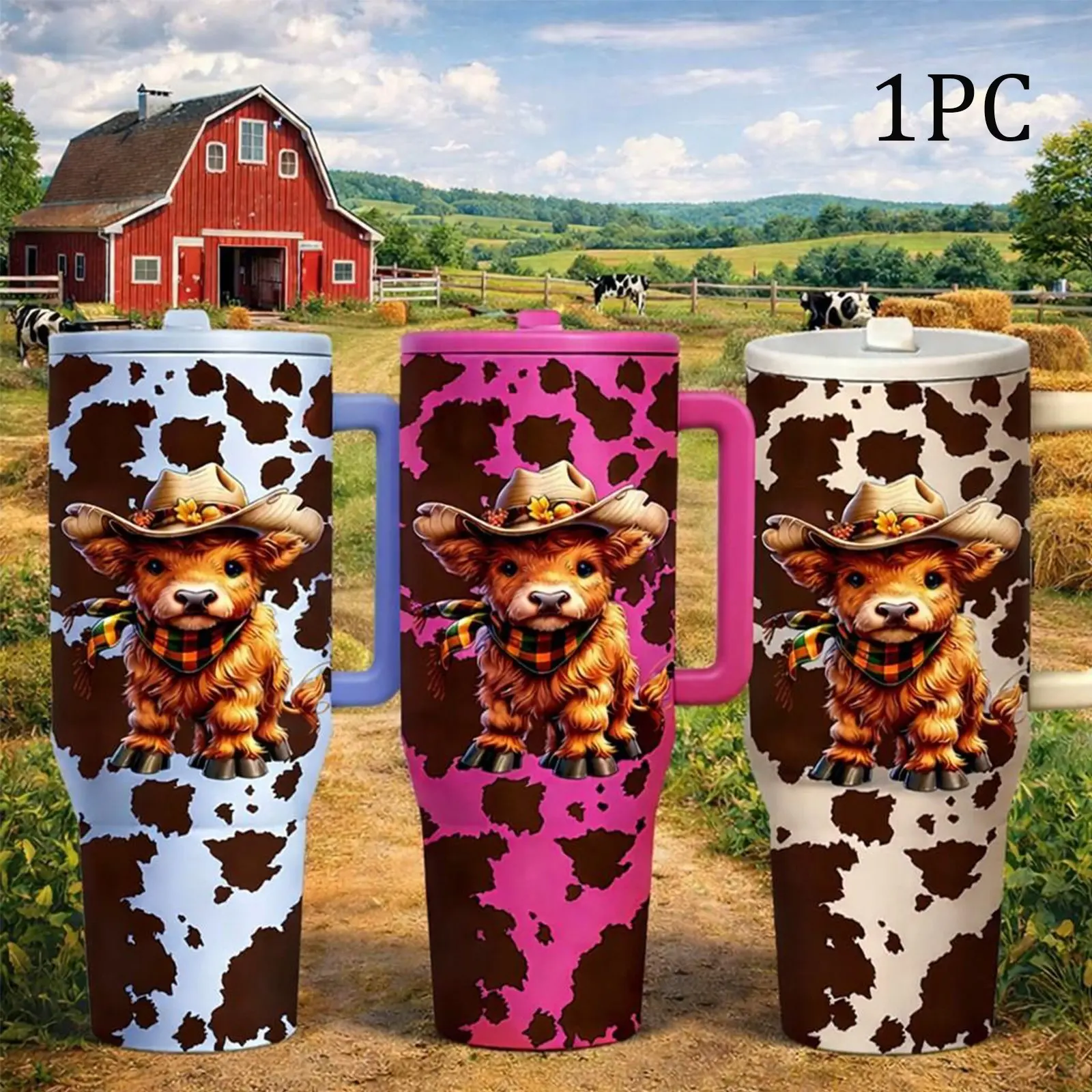 40oz Farm Style Car Travel Mug with Handle, Travel Mugs Insulated For Hot And Cold, Stainless Steel Drinkware, Highland Cow Design, Large Capacity Tumbler, Fits Car Cup Holder, Leak Resistant Lid, Western Country Gift, Coffee Cup
