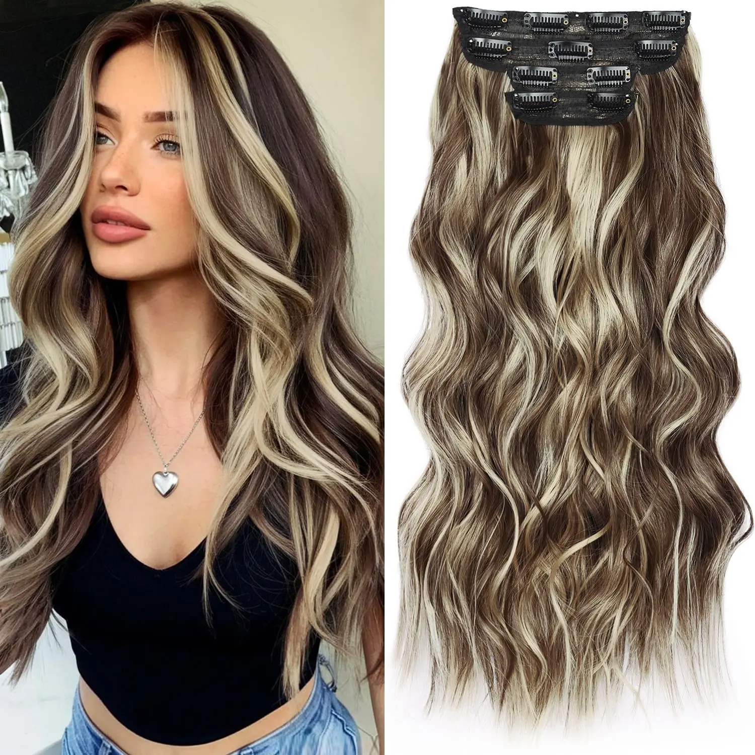 MOCA Clip in Hair Extensions for Women, 20 Inch 4-Piece Synthetic Loose Wave Set, Dark Brown to Caramel Blonde Ombre for Natural Volume Boost, Ombre Hair, Blonde Hair Transformation
