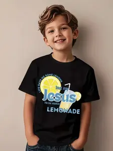 Life Gave Me Some Lemons But My Jesus He Be Makin' Lemonade Boys T-Shirt Lemon Slice Drink Graphic Short Sleeve Cotton Black Toddler Tee Christian Faith Summer Casual Outfit Apparel Made In The USA