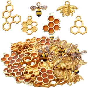 50pcs Honeycomb Bee Charms Enamel Rhinestone Alloy Honeybee Charms Pendants for DIY Necklace Earrings Bracelet Jewelry Making Accessories