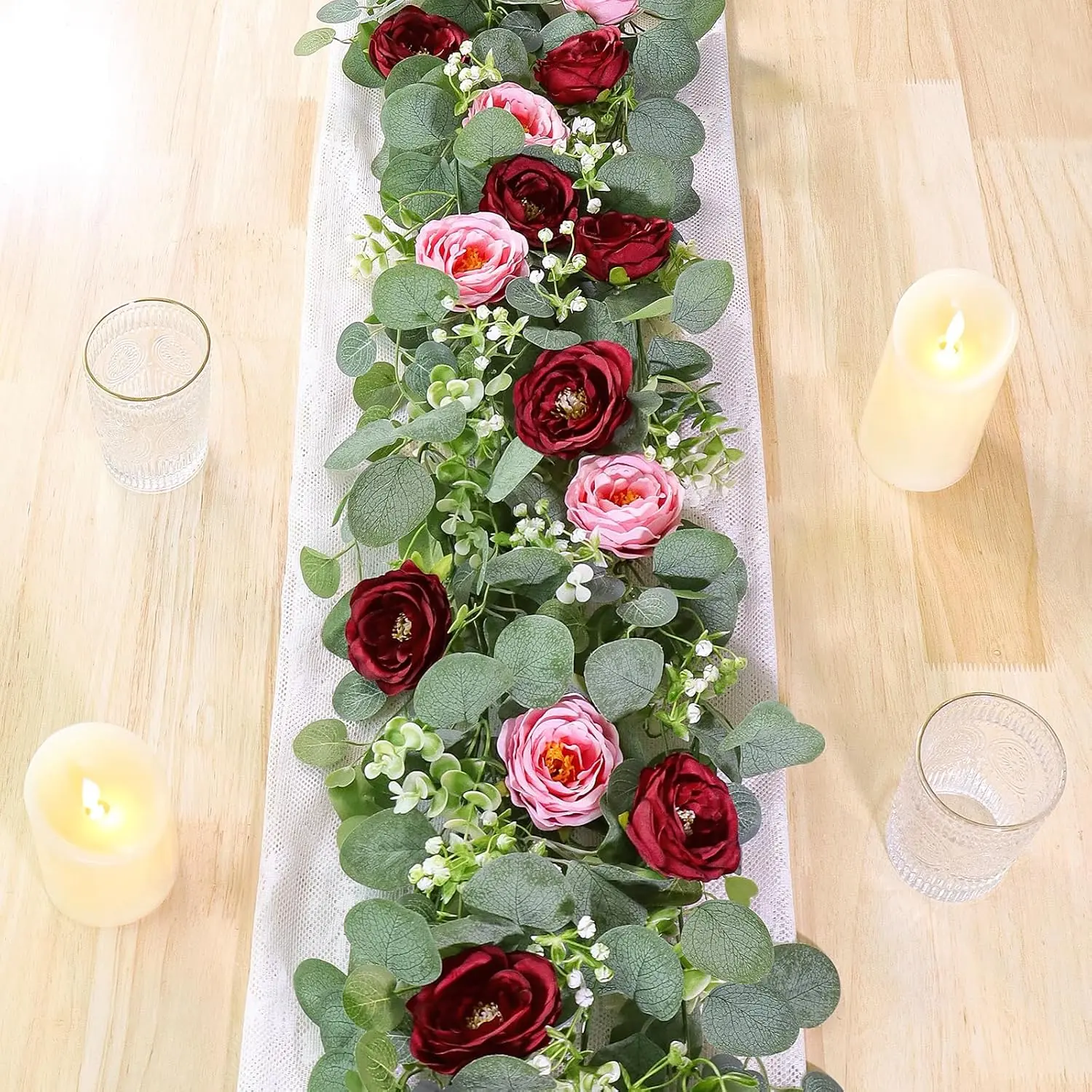 2-Pack 13FT Plastic Artificial Eucalyptus & Fake Silk Roses Garland - Red, Pink Blooms, Photorealism Greenery Vines for Wedding, Home Decoration, DIY Projects, Floral Decor, Silk Plastic