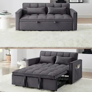 Modern Design Convertible Sleeper Sofa Bed, Pullout Futon Couch, Small Loveseat with Adjustable Backrest, Storage Pockets and Pillows for Living Room