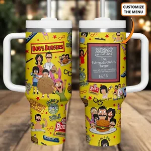 Personalized Bob's Burgers 40oz Tumbler, Custom Menu Board Travel Mug, Yellow Cartoon Family Cup