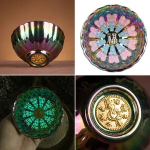 LINXIN Jianzhan Studio Cup-Mug, Chinese Intangible Cultural Heritage Item with 100 Blessings Calligraphy, Golden Dragon, Dual Day-Night Luminosity, Jian Zhan Rainbow Glaze, Jade-Green Glow, Ideal for Gifting & Tea Enthusiasts, Hundred Blessings Calligraph