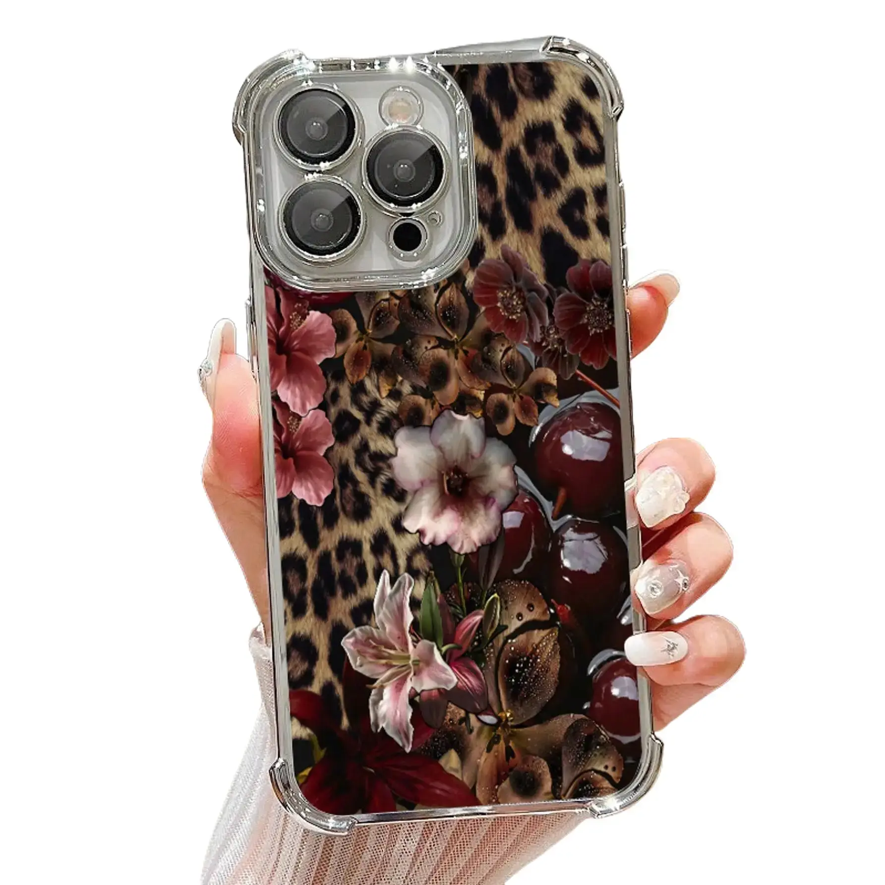 Leopard-Print Cherry Blossom Smartphone Case, Transparent Soft Silicone Cellphone Accessory with Corner Drop Protection, Anti-Slip Properties, Camera Lens Protection for iPhone 13-17, 12, 11 Handheld Devices