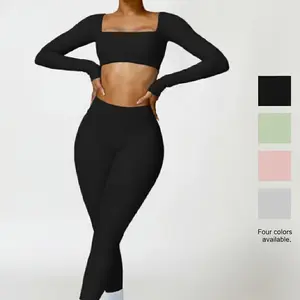 Hooyaus Women's Workout Set - Long Sleeve Square Neck Crop Top & High Waist Leggings for Yoga & Gym