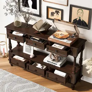 Vintage 54'' Solid Wood Console Table - 6 Drawers, 2-Tier Shelf, Espresso Hallway storage cabinet for Living Room, Entrance
