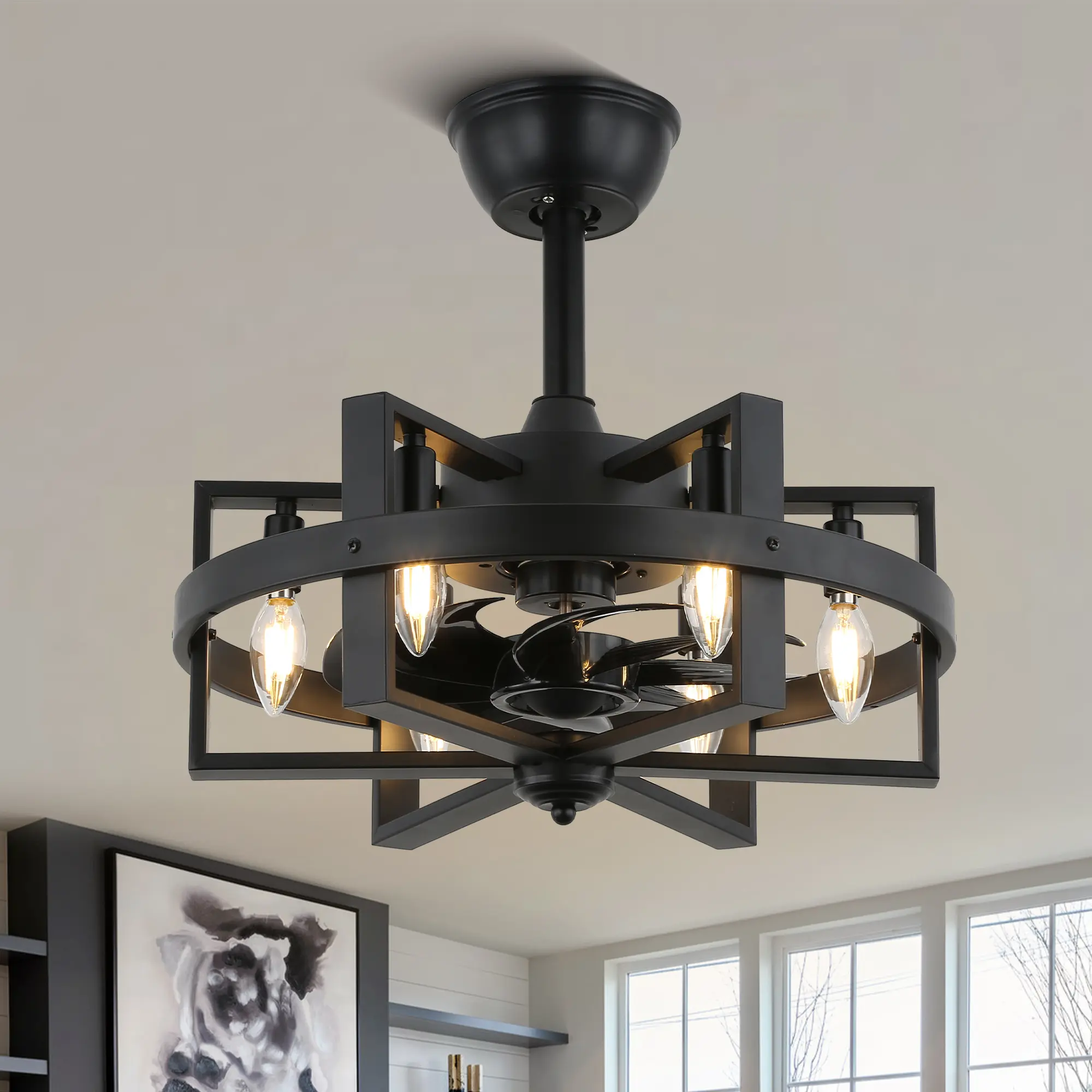 18.5" Industrial Style Black Finish Metal Caged Reversible Ceiling Fan with Remote and 6 Lights for All Seasons, AC Motor Noiseless 3 Speeds Fan with Lights for Home Decoration
