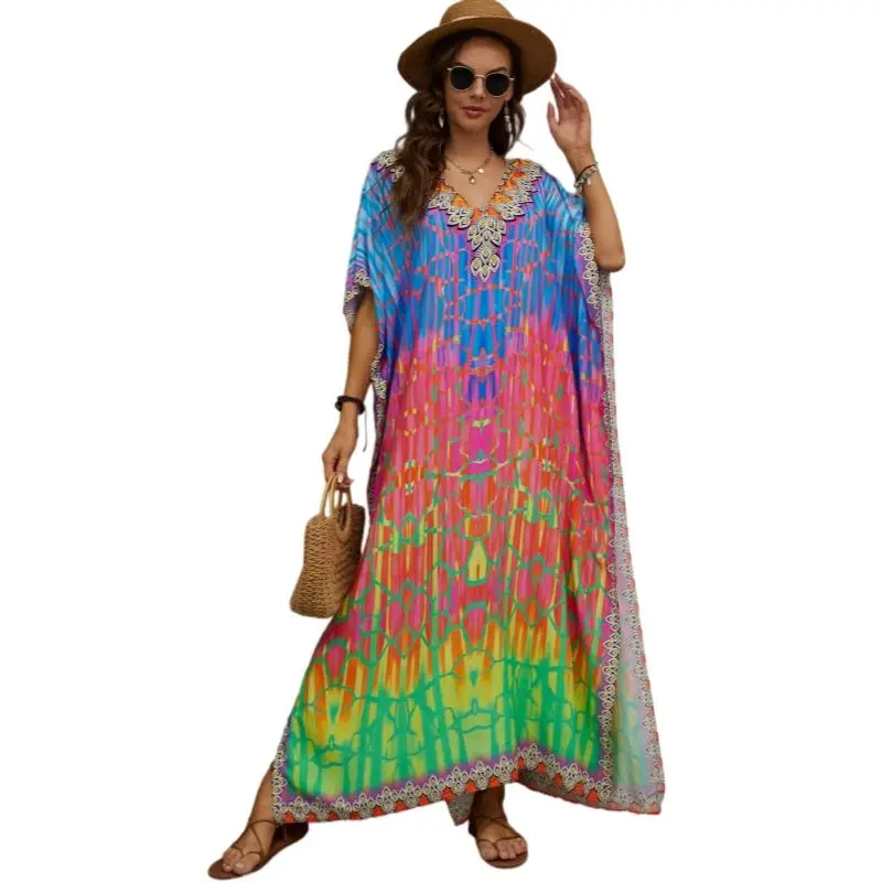 Women's Boho Fashion Kaftan Dress - Casual Marble Print, Soft Viscose Fabric, Batwing Sleeves, Maxi Summer Beach Cover-Up, Quick Outfit Prep
