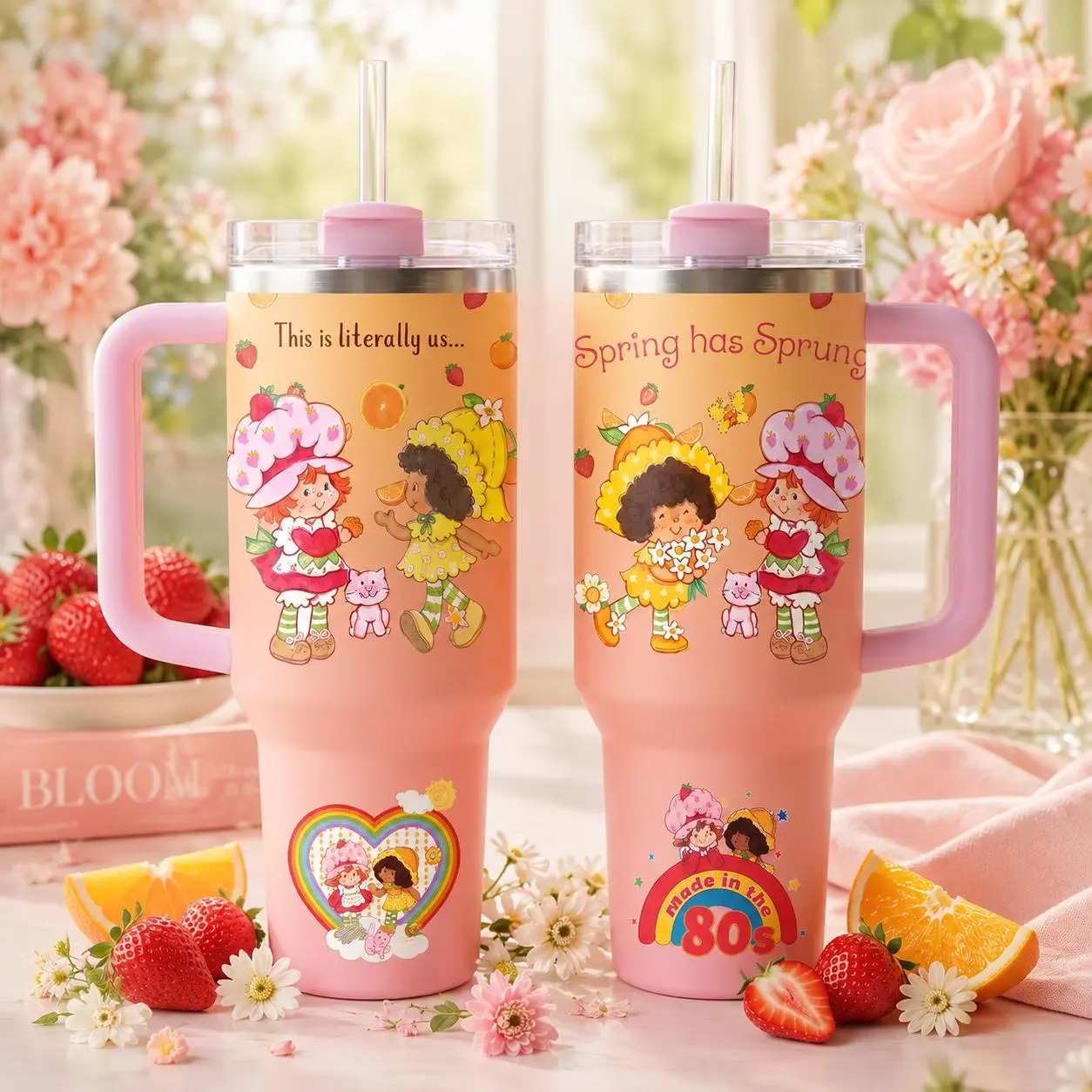 Spring Has Sprung Tumbler, Made in the 80s Strawberry Girl 20-40oz Stainless Steel Cup With Handle and Lid, Cute Retro Floral Double-Wall Insulated Travel Mug, Gift for Your Health