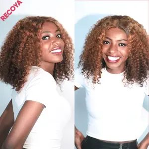 【Clearance sale】RECOYA 16 Inch Curly Bob Wigs #27/4 Mix Color Vietnam Virgin 12A Human Hair  Wigs Curl 5X5 Gluless Lace Closure Wigs Double Drown HD Transparent Lace Wigs