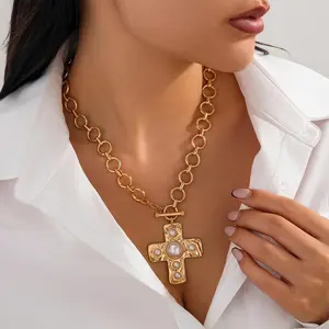 Chunky Cross Necklace for Women Statement Chunky Gold Necklace Pearl Cross Pendant Necklaces Layered Vintage Toggle Clasp Necklaces Jewelry