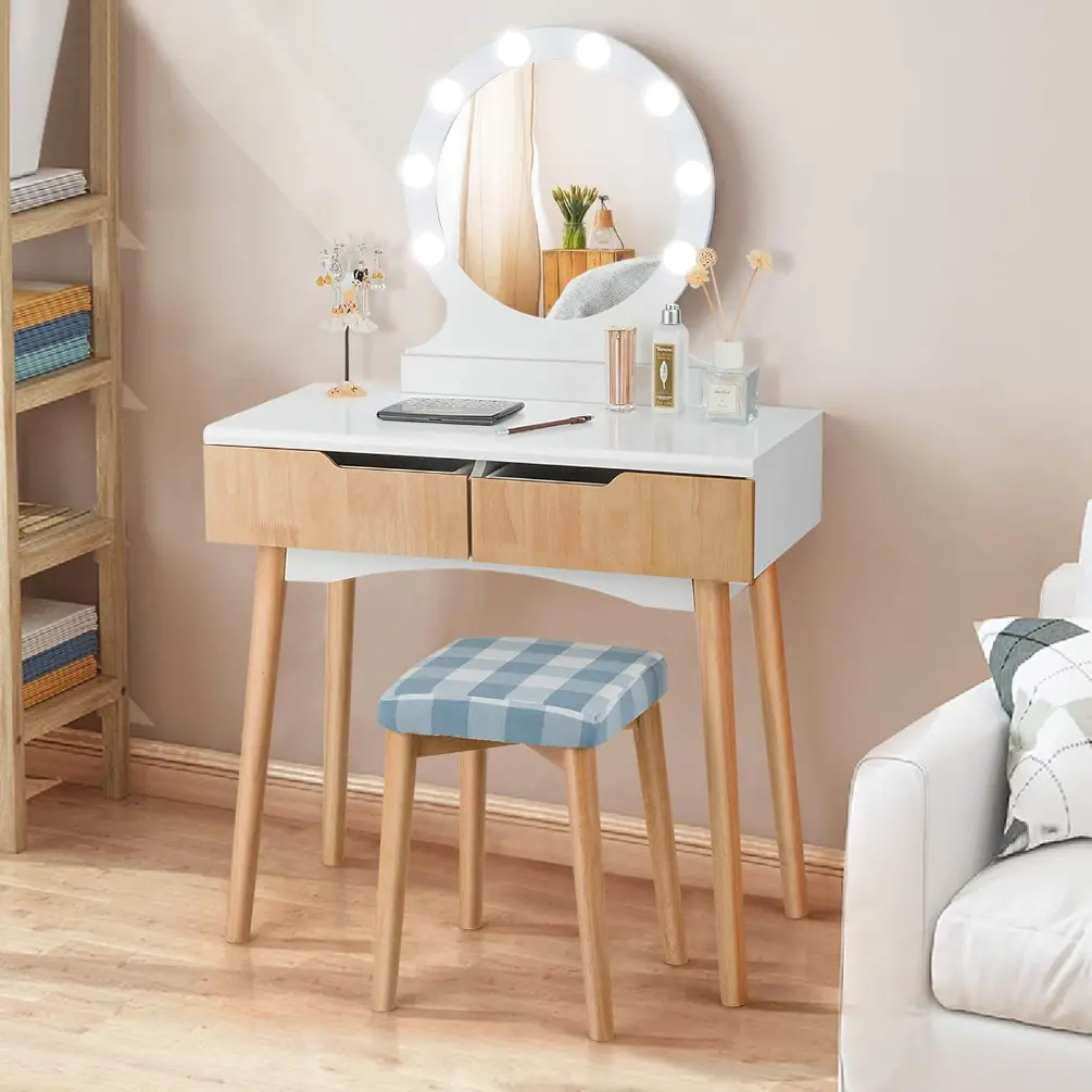 Vanity Set with Round Lighted Mirror, Makeup Dressing Table with 8 Light Bulbs and Brightness Adjustable, Bedroom Makeup Table with Cushioned Stool and 2 Sliding Drawers (Natural)Small modern simple bedroom dressing table