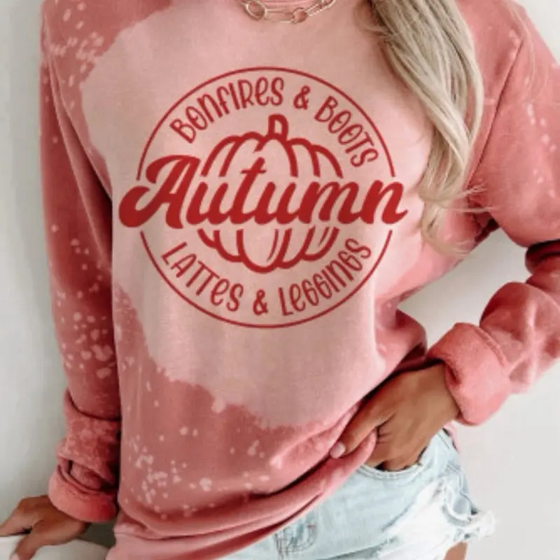 Autumn Vibes Bleached Graphic Sweatshirt - Bonfires Boots Lattes & Leggings Pink Color with Pumpkin Design