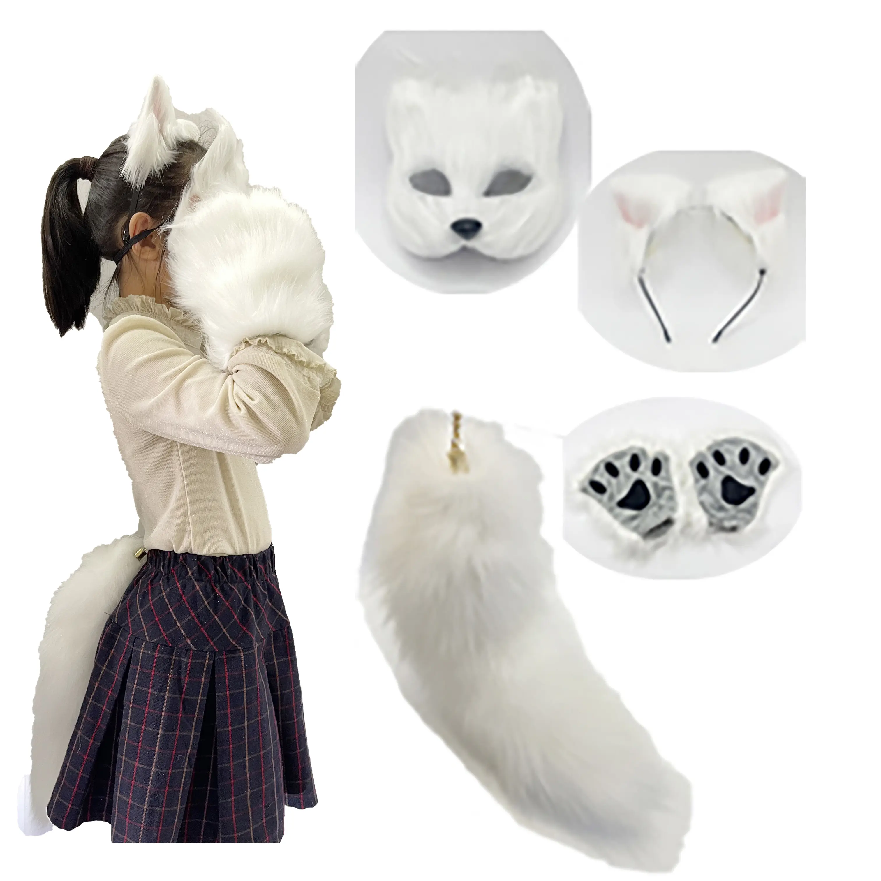 Therian Mask and Tail Set Women Halloween Costume Fox tail Wolf Mask cat ears Cosplay for fox mask therian paws