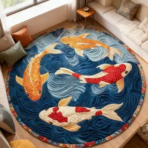Luxurious Vintage Chinese Koi Fish Carpet, Living Room Sofa Coffee Table, Soft Plush Round Mat, Hand Wash Only, Suitable for Bedroom, Home Decorative Area Rug, Decorative Rugs