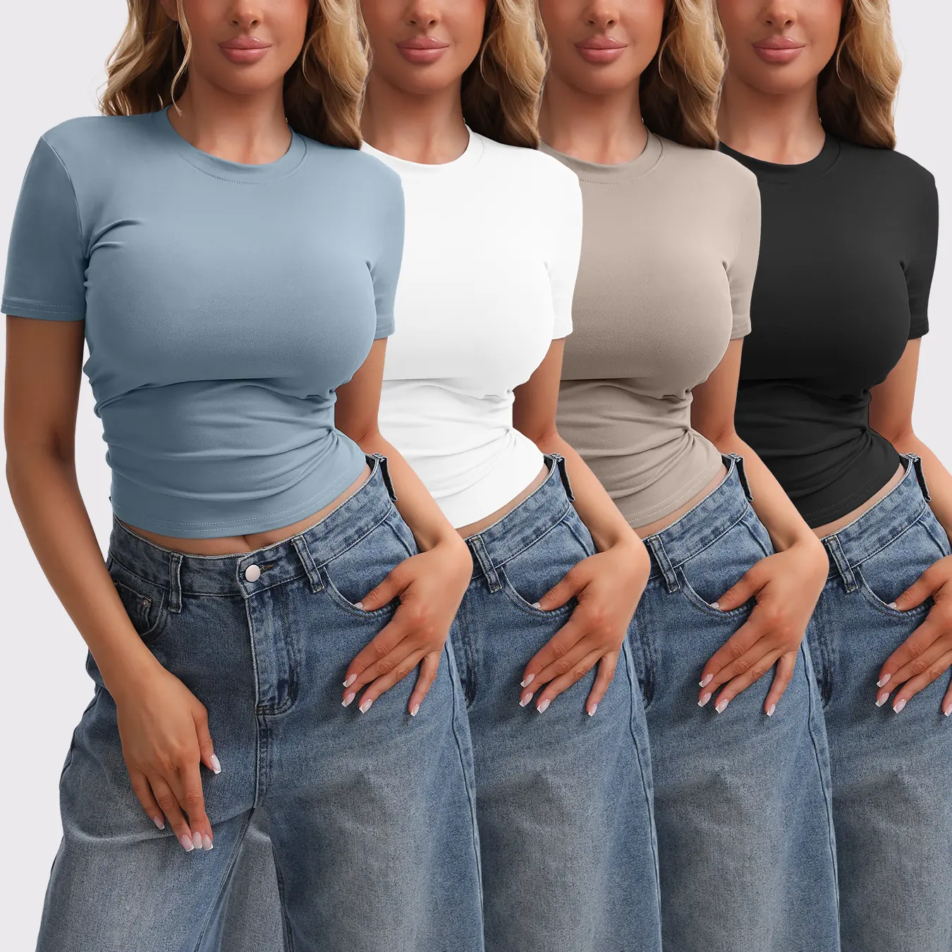 Noeallyrisss 4 Pack Basic Tees T Shirts for Women Workout GymCompression Fitted Short Sleeve Plain T Shirts Crop Tops Y2K summerwins