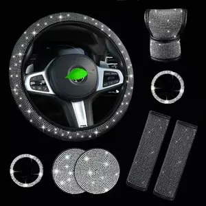 8-Piece Set Car Accessories, Car Interior Kit, Rhinestone Steering Wheel Cover, Seatbelt Cover, Gear Shift Cover, Cup Holder Mat, One-Button Start Ring