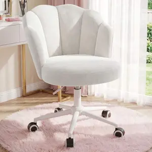 Velvet Office Chair Cute Petal Desk Chair, Modern Flower-Shaped Vanity Chair With Wheels, Armless Desk Chair With Back, Hight Adjustable & 360° Swivel Chair, White