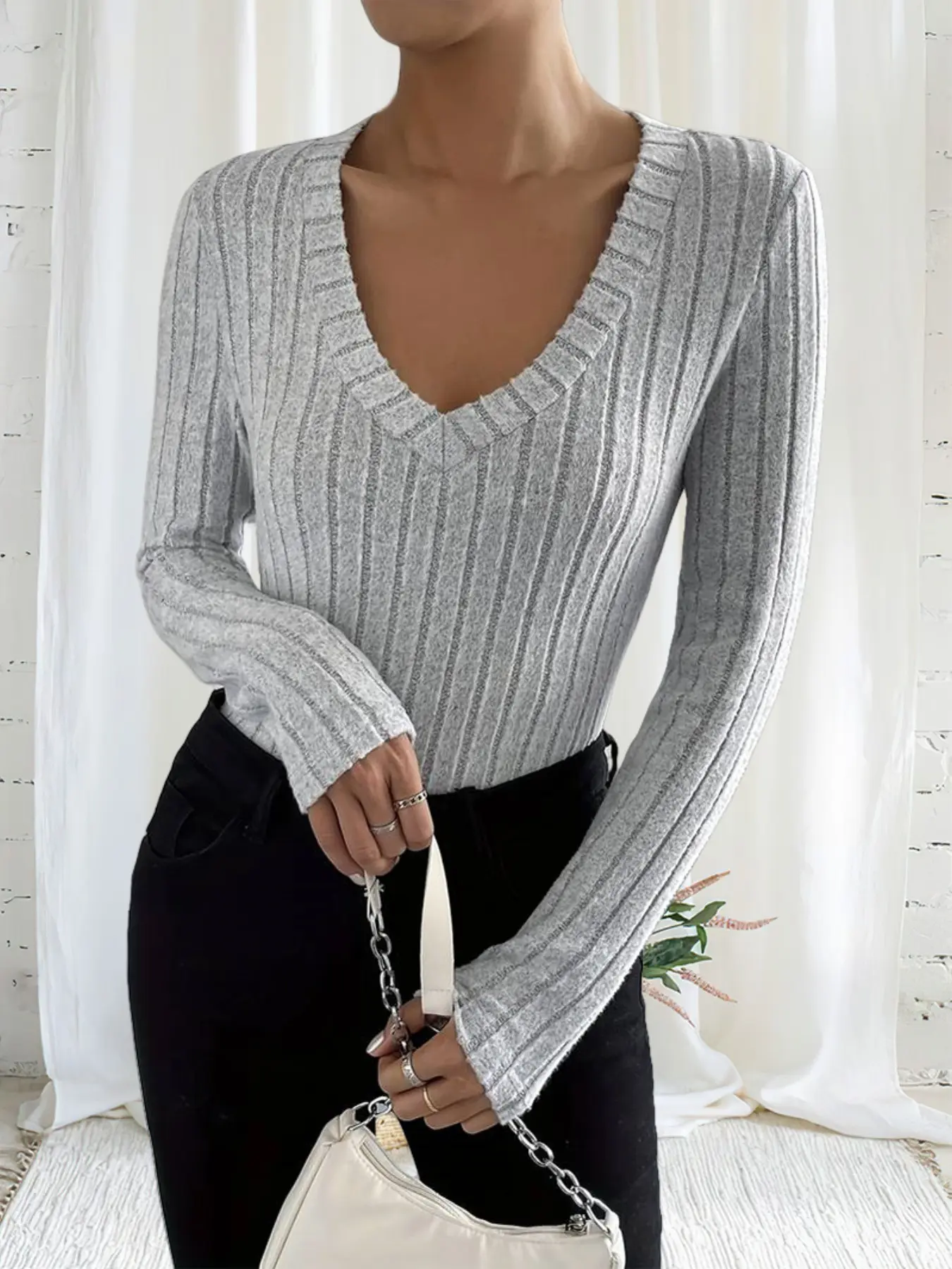 Women's Fall Winter Warm Knitwear V-Neck Long Sleeve T-Shirt, Cozy Ladies' Clothing for Autumn & Winter, Stylish and Comfortable Tee