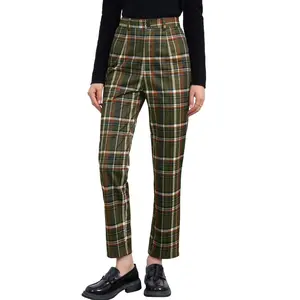 Allegra K Women's Plaid Tartan High Waisted Button Casual Pants Small Army Green