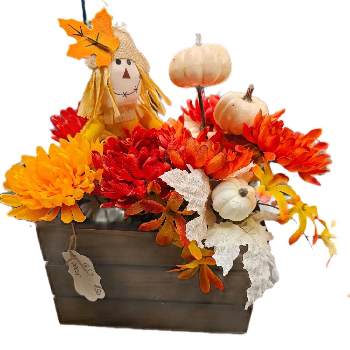 fall flower arrangement  wood crate decor