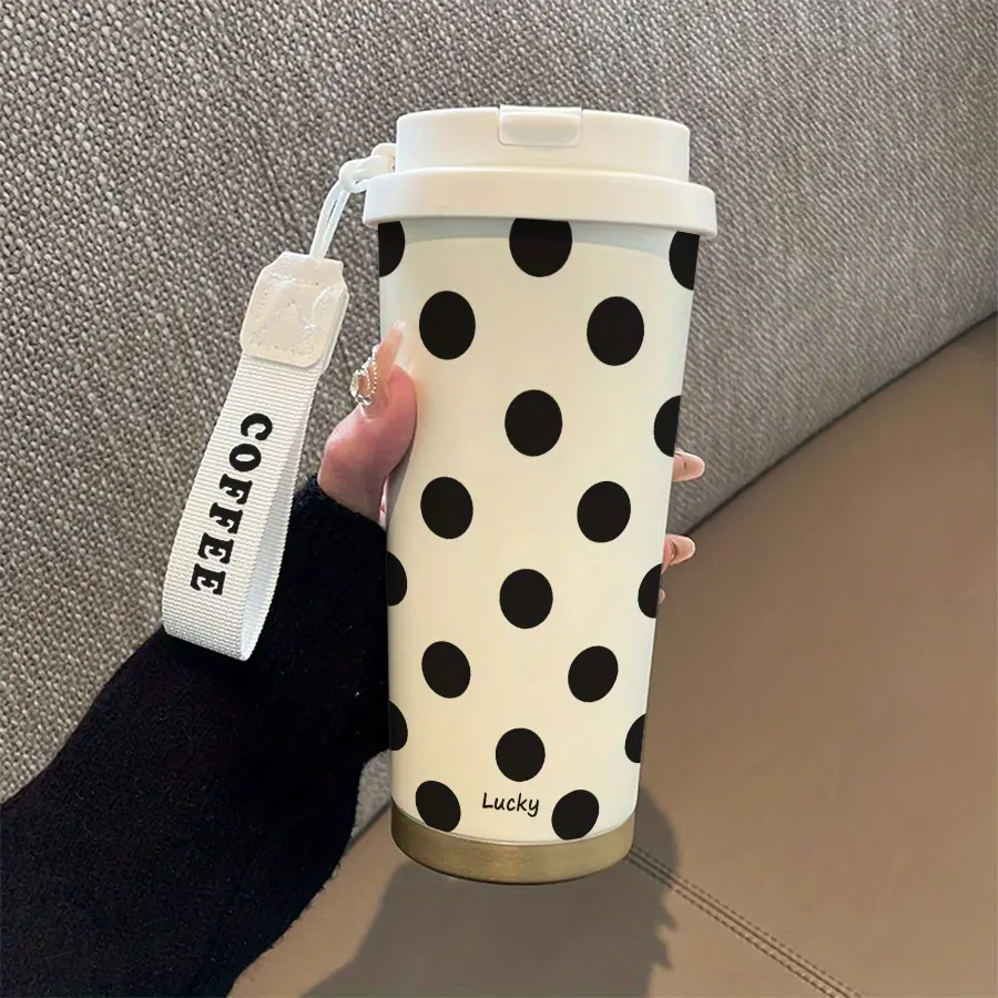 Premium Polka Dot Coffee Thermos Cup, 530ML with Straw and Lid, Vacuum Insulated Travel Mug, Insulated Tumbler, Leakproof Tumbler, Leak-Proof Handle, Suitable for Hot/cold Drinks