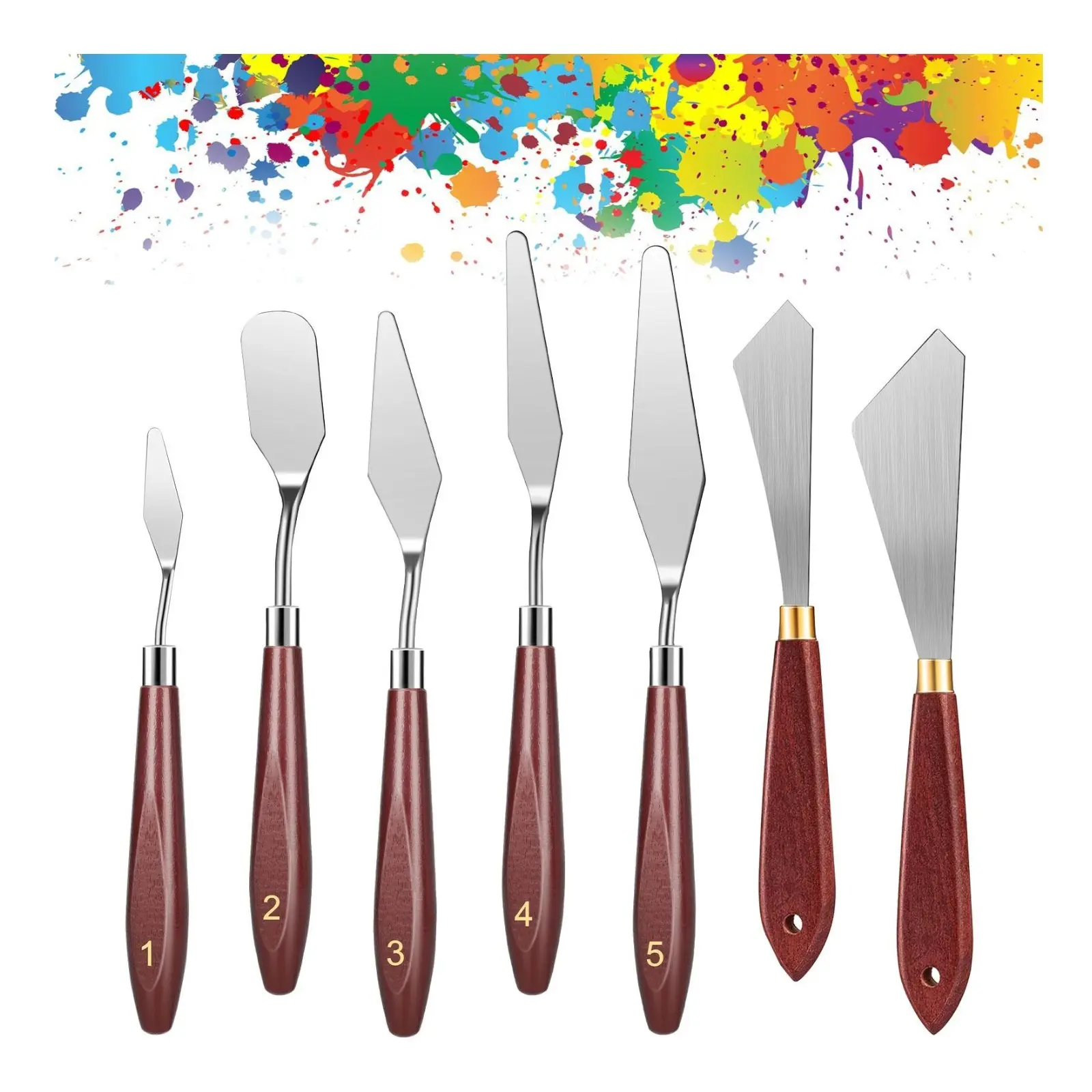 7Pcs Painting Palette Knife Set - Stainless Steel Drawing Scraper with Wood Handle,Oil Paint Mixing Knives,Acrylic Painting Accessories for Oil,Canvas,Acrylic Painting Art School Supplies Artist Bundle