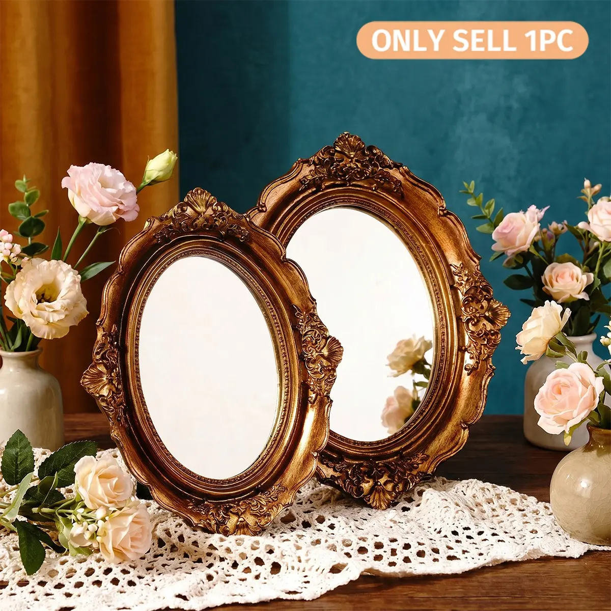 European Classical Antique Copper Oval Mirror Decorative Piece, Home Decor Mirror, Ornate Mirror, Elegant Decorative Mirror, Vintage Court Style Resin Frame, Makeup Table Accessory, Photography Prop