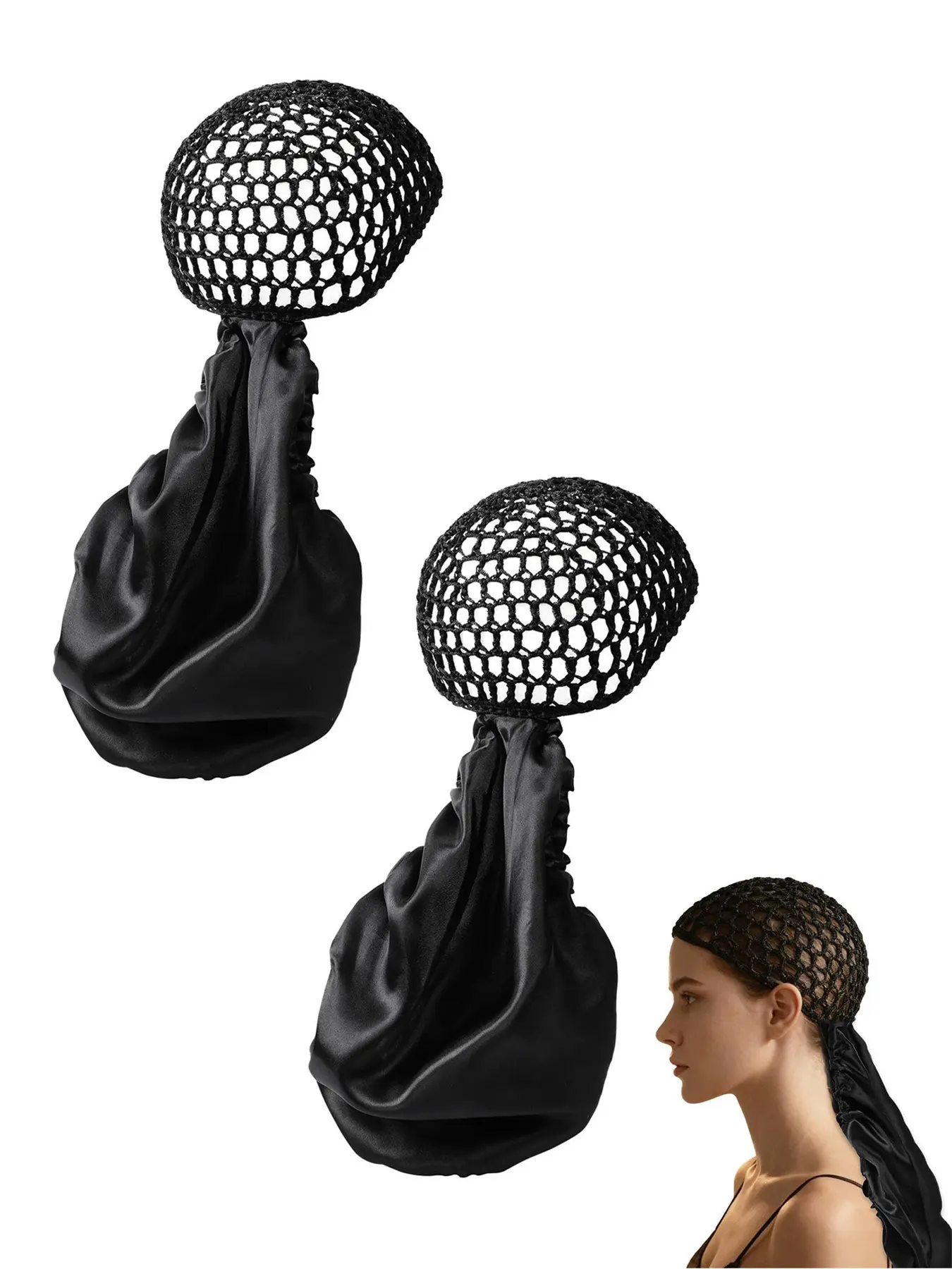 2-piece set of 2-in-1 wrapped hair caps, Hair wraps, hair nets for sleeping, Curly Hair Nightcap, suitable for home use, Silk-wrapped hair caps with double-layer mesh band design, breathable and gentle on hair, suitable for curly hair