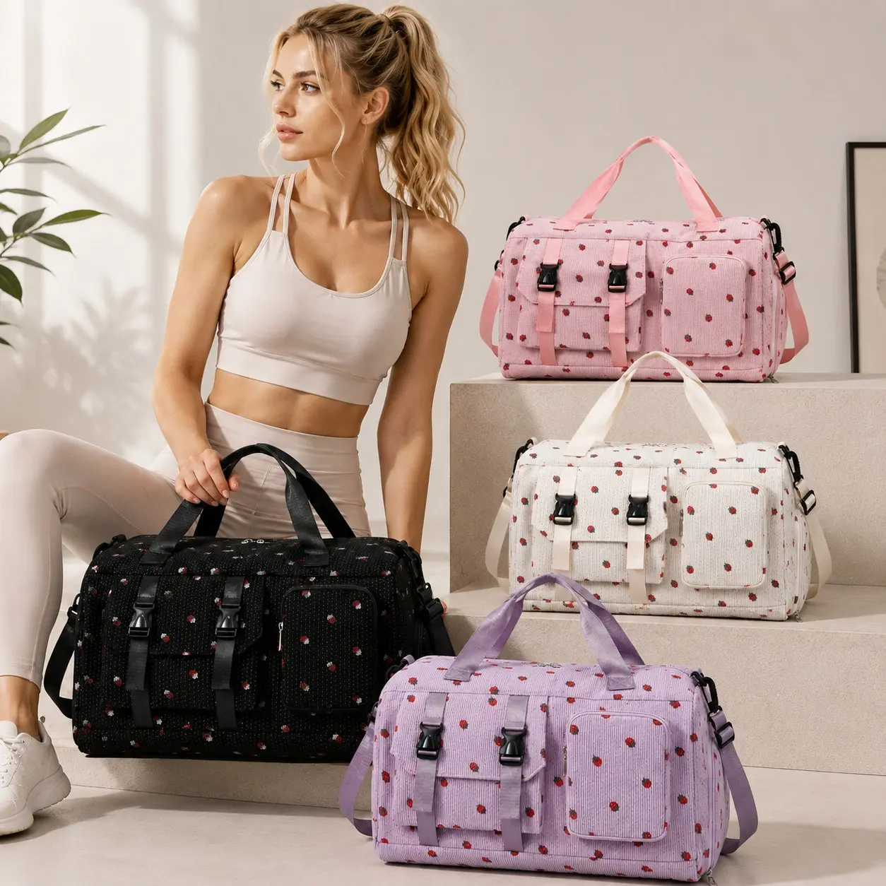 Cute Strawberry Pattern Portable Travel Bag with Independent Shoe Compartment | Large-Capacity Gym Weekender Multi Functional Travel Duffel Style Duffle Bag for Fitness and Short Trips