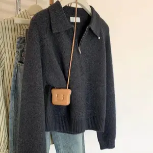 Dark gray Polo collar half zipper knitted women's sweater, new for autumn and winter 2025, with a lapel and a small pullover top. Knitted sweater