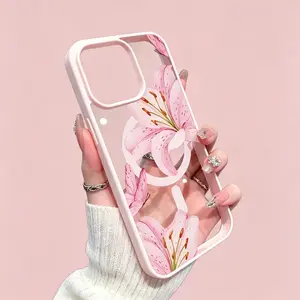 Pink Lilies Magnetic for iPhone 17/16/15/14/13/12 Pro Max Plus Air X XS Fashionable Pattern Design Transparent Shockproof Classic Gift Ultra-Thin Protective Smartphone Cover phone case